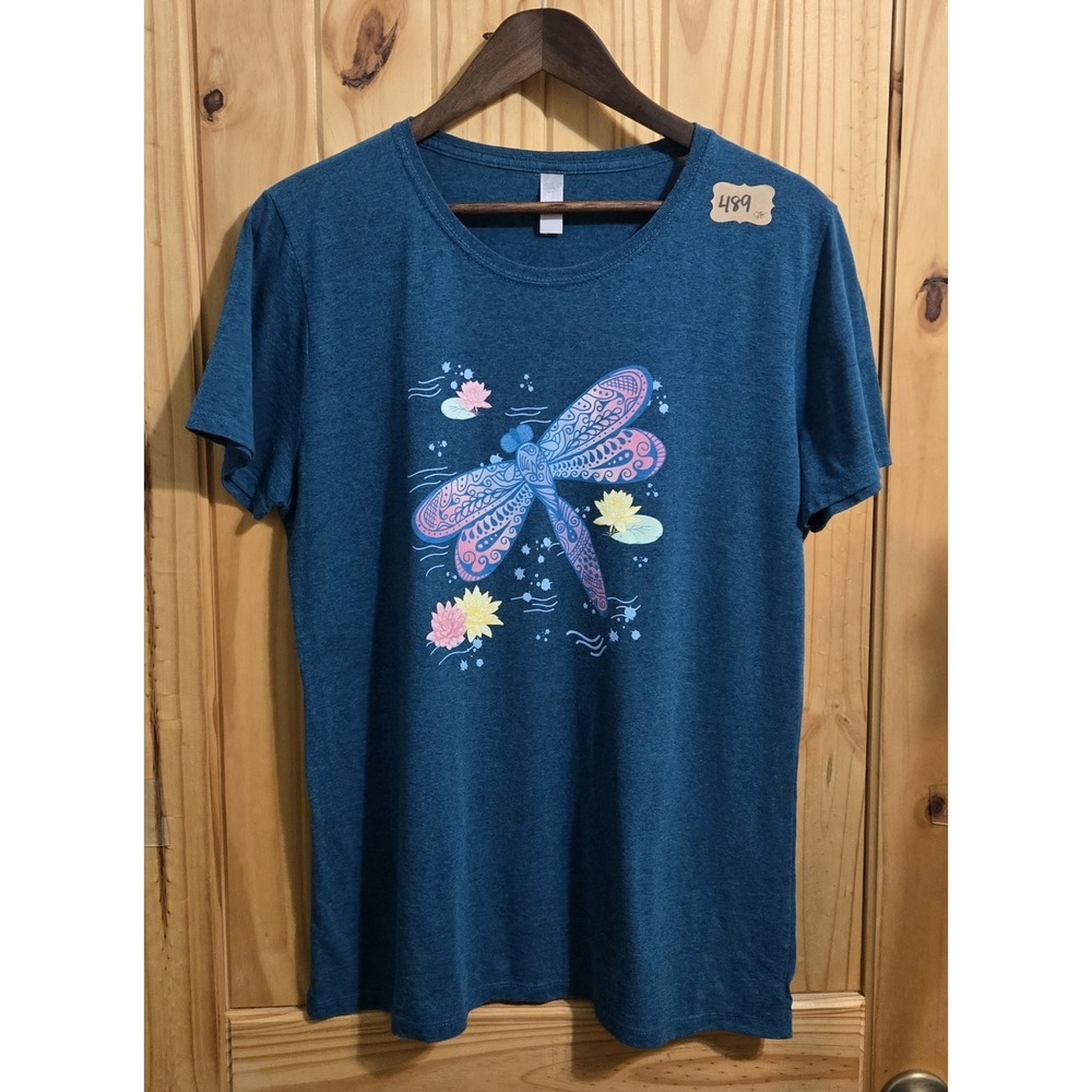 Womens Dragonfly T Shirt Size XL Dark Teal Blue Short Sleeve Crew Neck